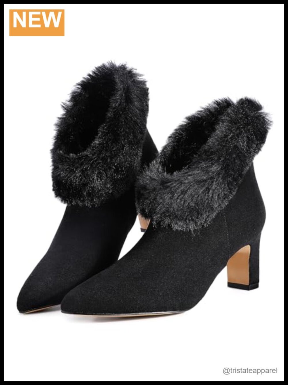 Faux Suede Ankle Booties Chunky Heel Pointed Toe Faux Fur Cuff Zip Closure